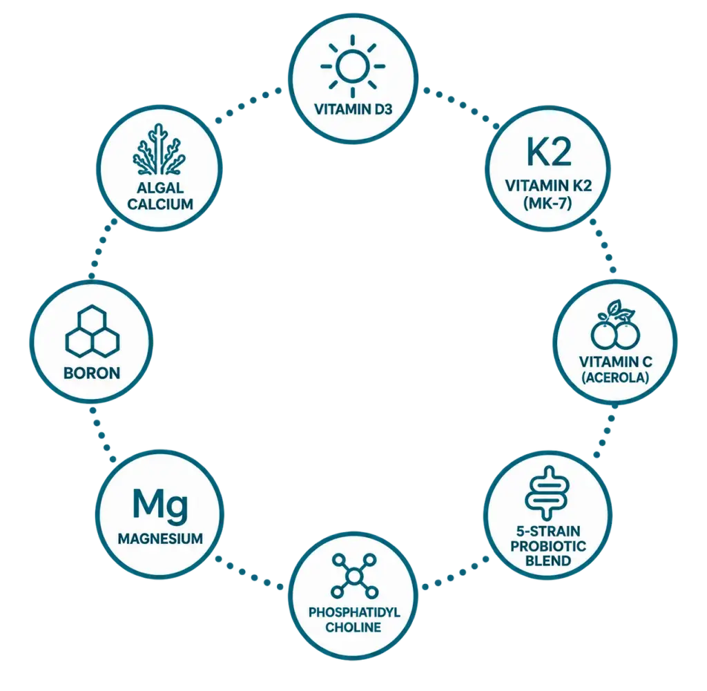 Alcapro formula combining algae-derived calcium with complementary nutrients and probiotics